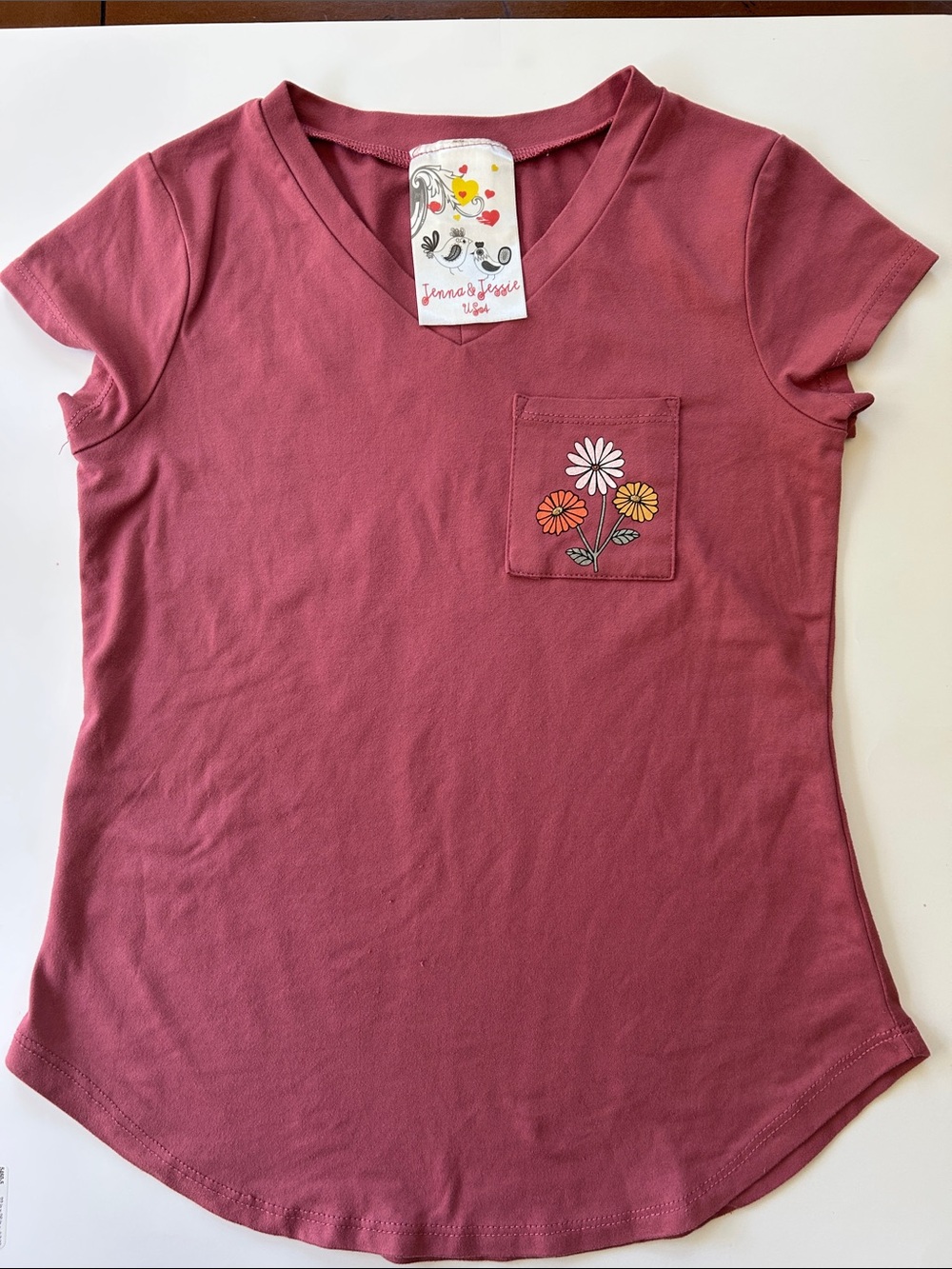 Jenna & Jessie Girls' Rose V-Neck Pocket Tee with Flower Print